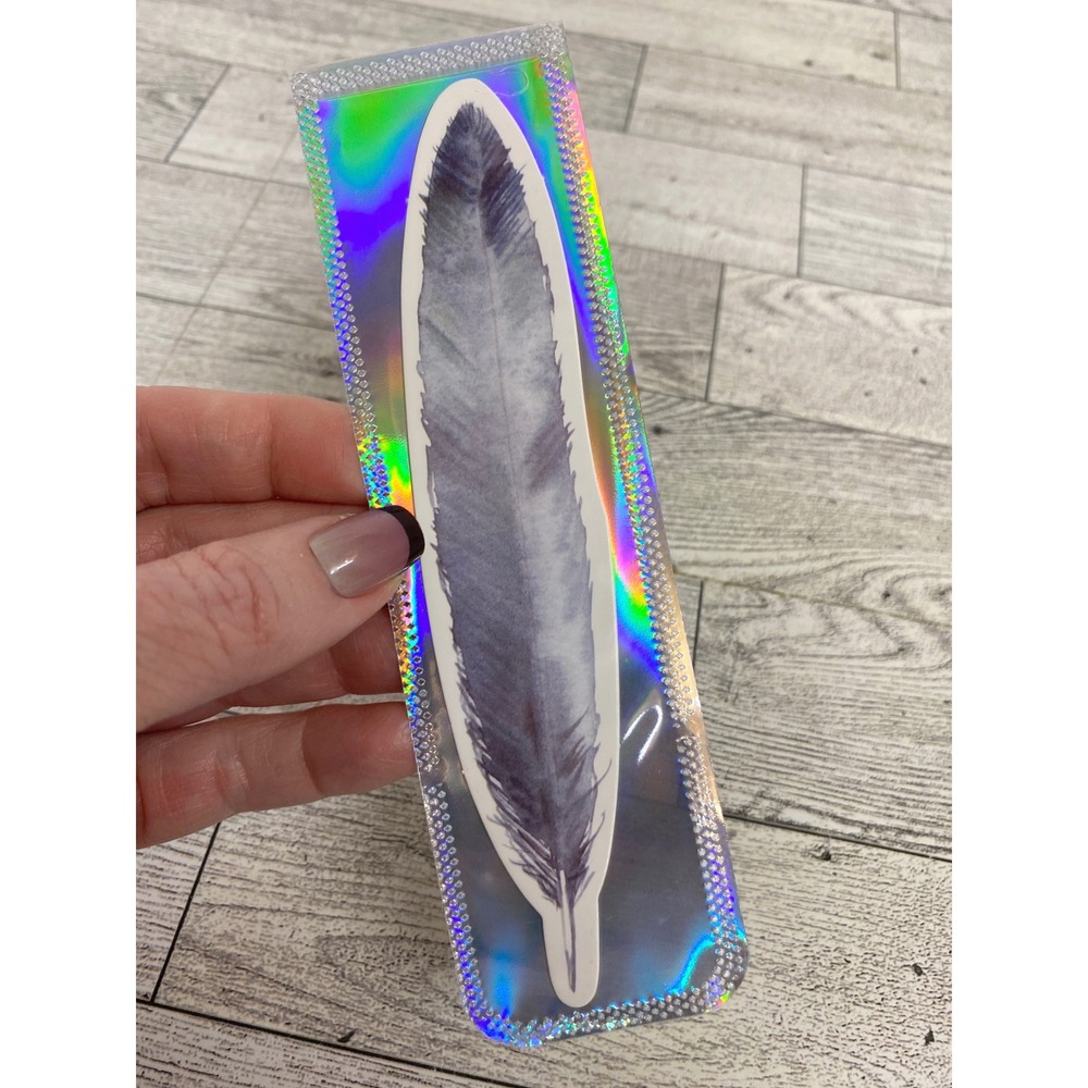 Bookmark Die-Cut Feather Grey Purple Watercolor in holographic sleeve